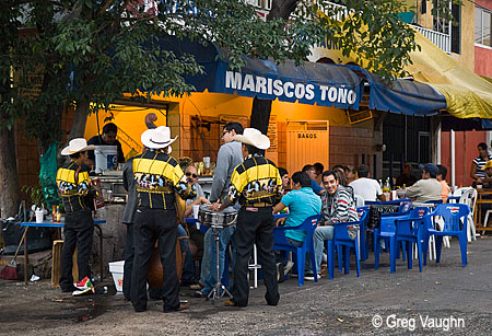 Mariachi band at sidewalk cafe in Old Town, Mazatlan.