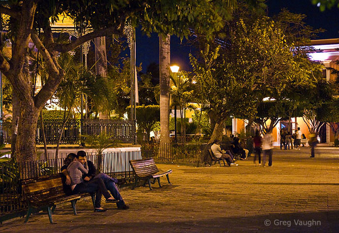 People enjoying Plaza Machado in the evening