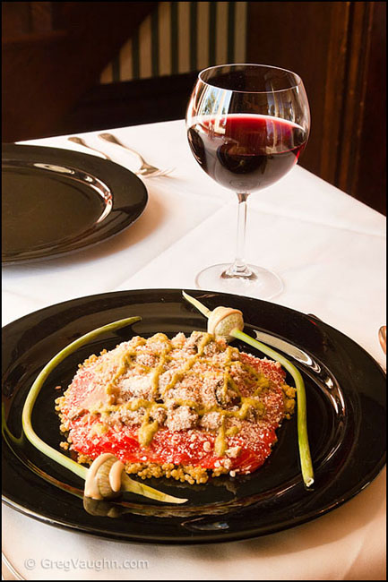 Salmon entree paired with Pinot Noir wine at Palmer House restaurant