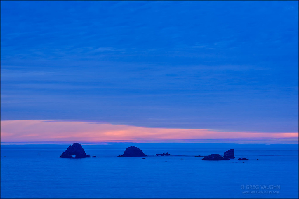 Ocean and sea stacks at dusk, from Cape Blanco, Oregon.