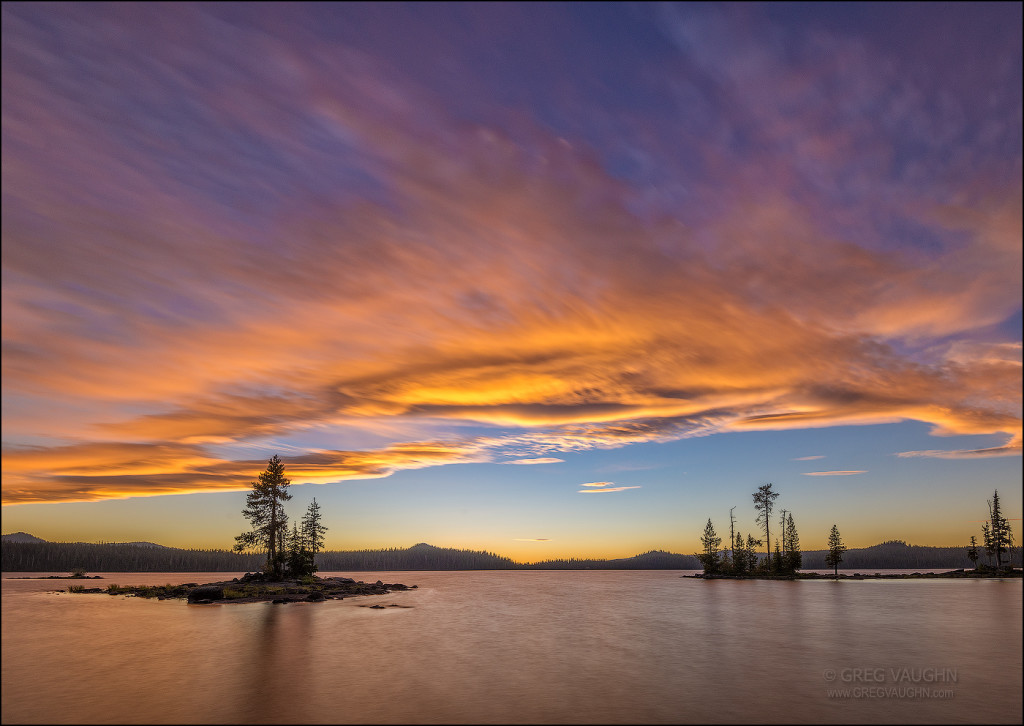 Sunset sky and clouds over Waldo Lake; Cascade Mountains, Oregon.