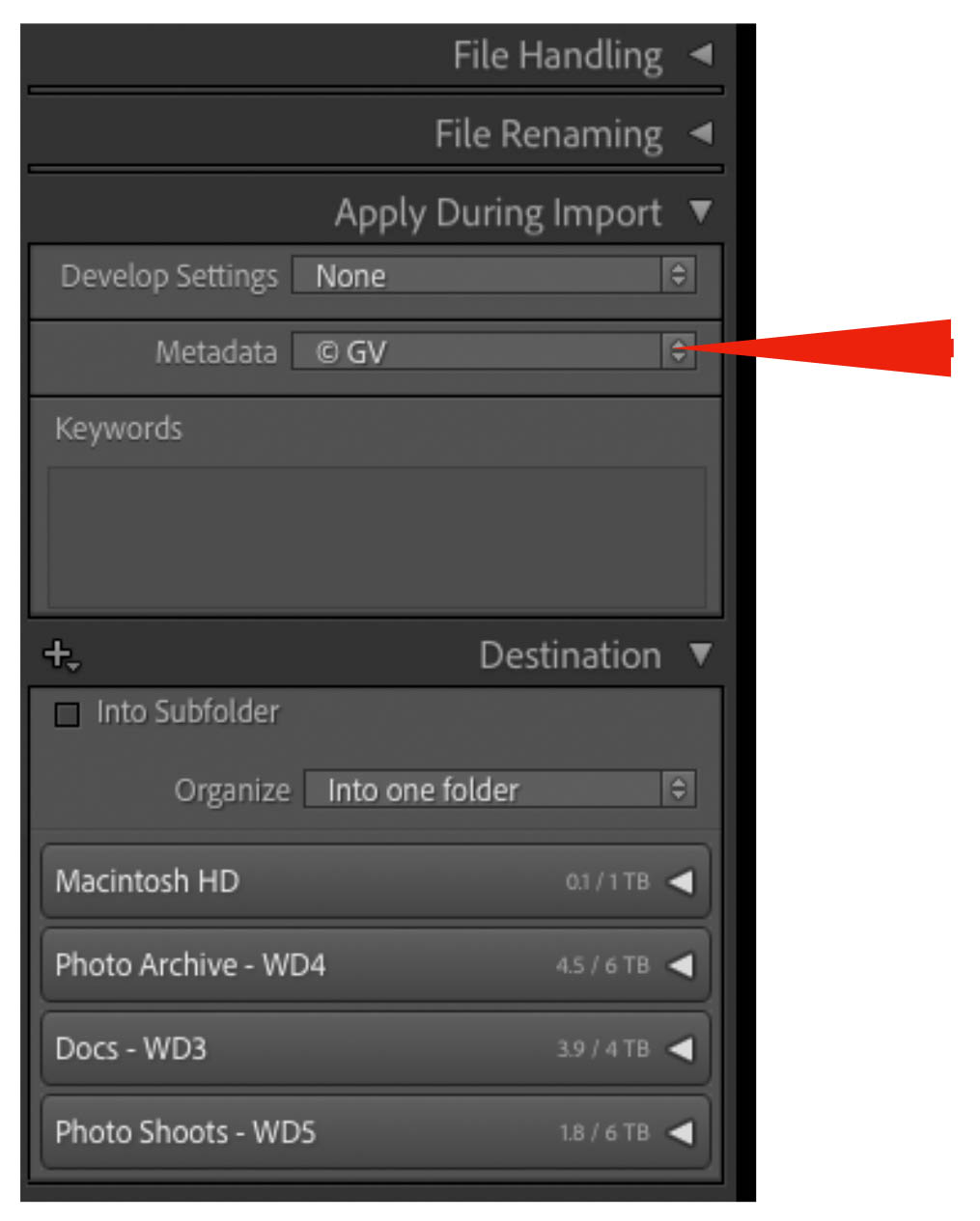 screenshot of Lightroom's Import menus